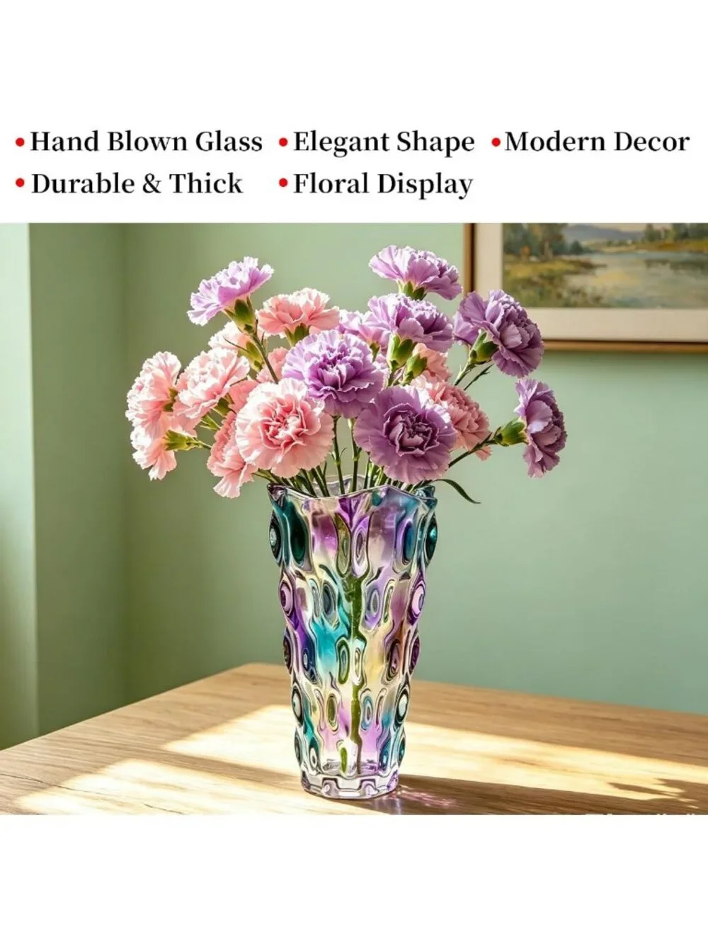 9-Inch Colorful Hand Blown Glass Vase - Iridescent Purple Table Centerpiece